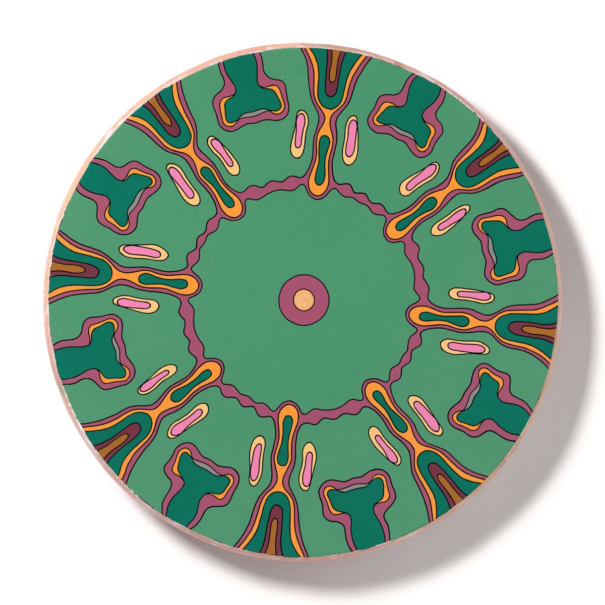 <br/>Edam Bedrock, 2023<br/>18" diameter<br/>acrylic, opaque marker and glitter on wood